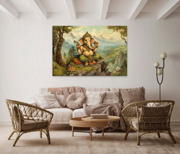 Lord Ganesha Amidst Majestic Mountains and Lush Trees in a Stunning Oil Color Painting Print