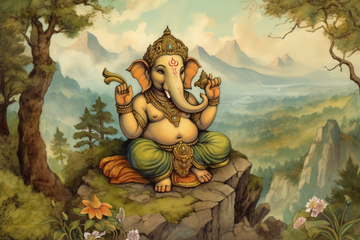 Lord Ganesha Amidst Majestic Mountains and Lush Trees in a Stunning Oil Color Painting Print