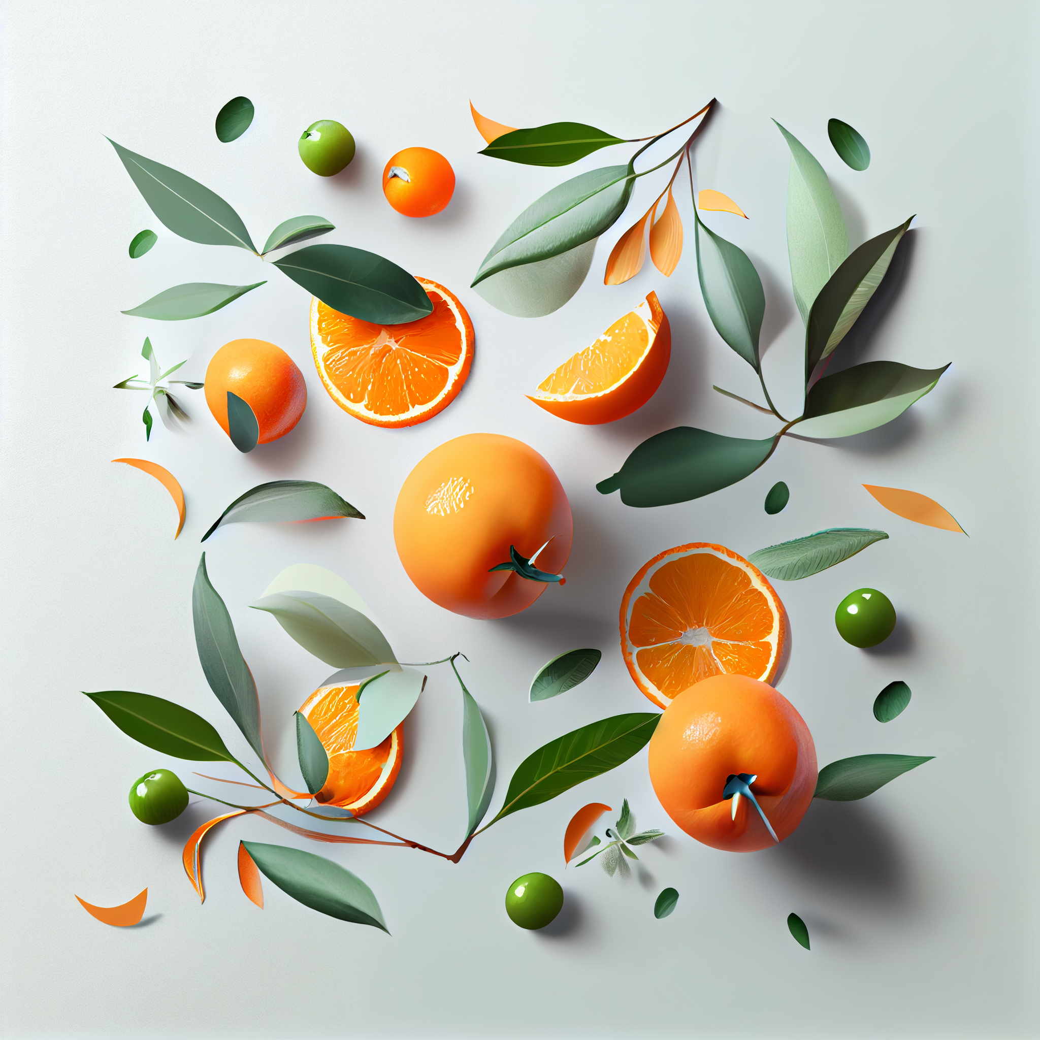 Citrus Medley: Oil Color Print of Oranges, Clementines, and Green Leaves on Light Grey Background