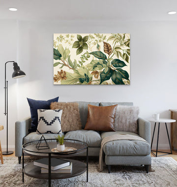 Swirling Botanicals: A Stunning Oil Color Print on Beige Linen-Look Background