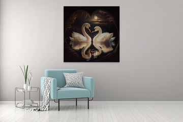 Swans in Moonlight: A Dreamy Oil Color Painting Print of Love and Serenity