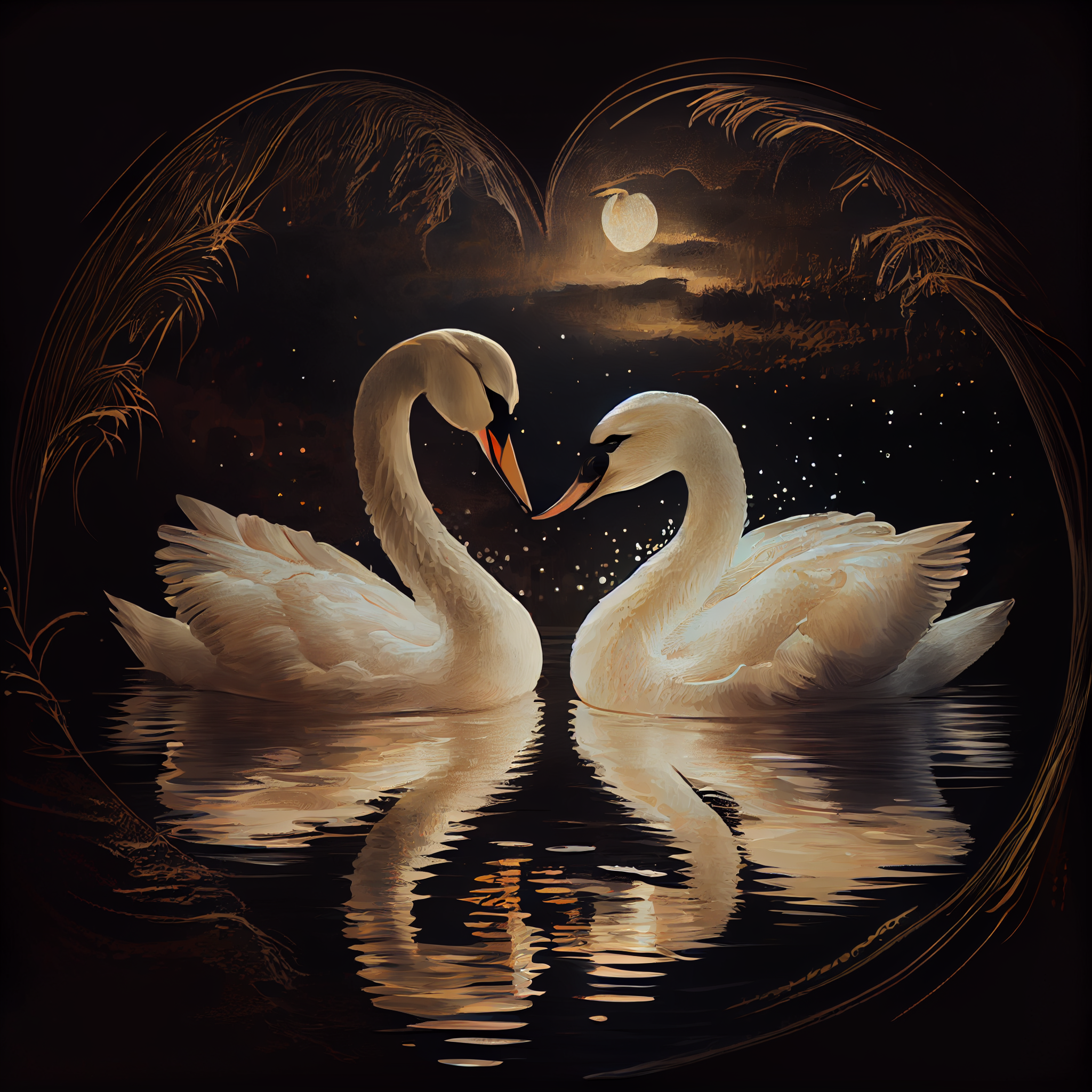 Swans in Moonlight: A Dreamy Oil Color Painting Print of Love and Serenity