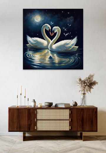 Love Under the Moonlight: A Dreamy Oil Color Print of Two White Swans Floating in Water