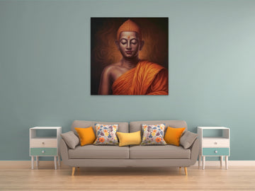 Radiant Awakening: Hyperrealistic Oil Color Portrait Print of Young Lord Buddha in Orange Cloth
