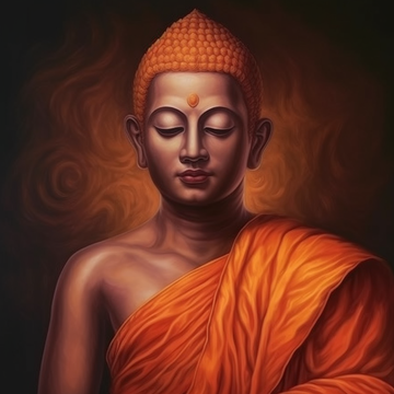 Radiant Awakening: Hyperrealistic Oil Color Portrait Print of Young Lord Buddha in Orange Cloth