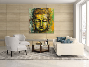 A Mixed Media Portrait Print of Buddha in Lime and Mustard Yellow