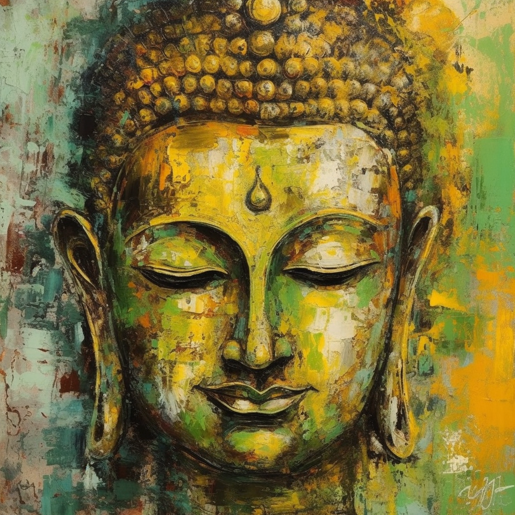 A Mixed Media Portrait Print of Buddha in Lime and Mustard Yellow