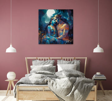 Eternal Ecstasy: Godly Romance of Radha Krishna in Moonlit Modern Art Print