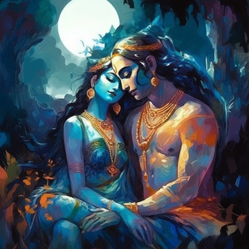 Eternal Ecstasy: Godly Romance of Radha Krishna in Moonlit Modern Art Print