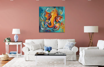 Vibrant Ganesha: A Colorful Modern Art Printing Print in Oil on Blue Background