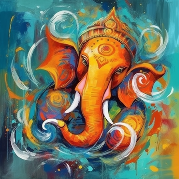 Vibrant Ganesha: A Colorful Modern Art Printing Print in Oil on Blue Background