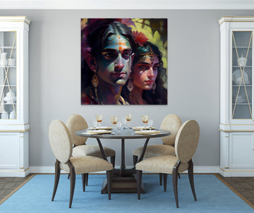 Dreamy Radha Krishna: Modern Anime Art Print on Canvas with Dappled Light in Oil Colors