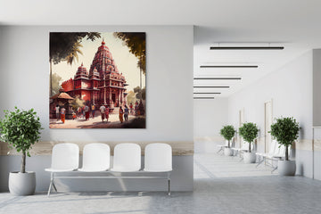 Divine Abode: An Oil Color Realistic Print of an Indian Old Style Traditional Temple with Devotees