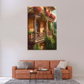 Serene Splendor: An Oil Print of a Scenic Balcony Overflowing with Flowers and Bushes