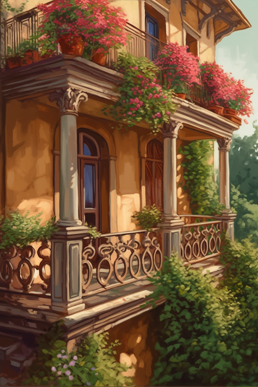 Serene Splendor: An Oil Print of a Scenic Balcony Overflowing with Flowers and Bushes