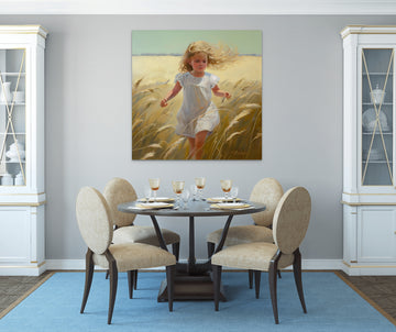 Fields of Joy: A Beautiful Oil Painting Print of a Young Girl Running through a Wheat Field, Ideal for Your Living Room or Bedroom