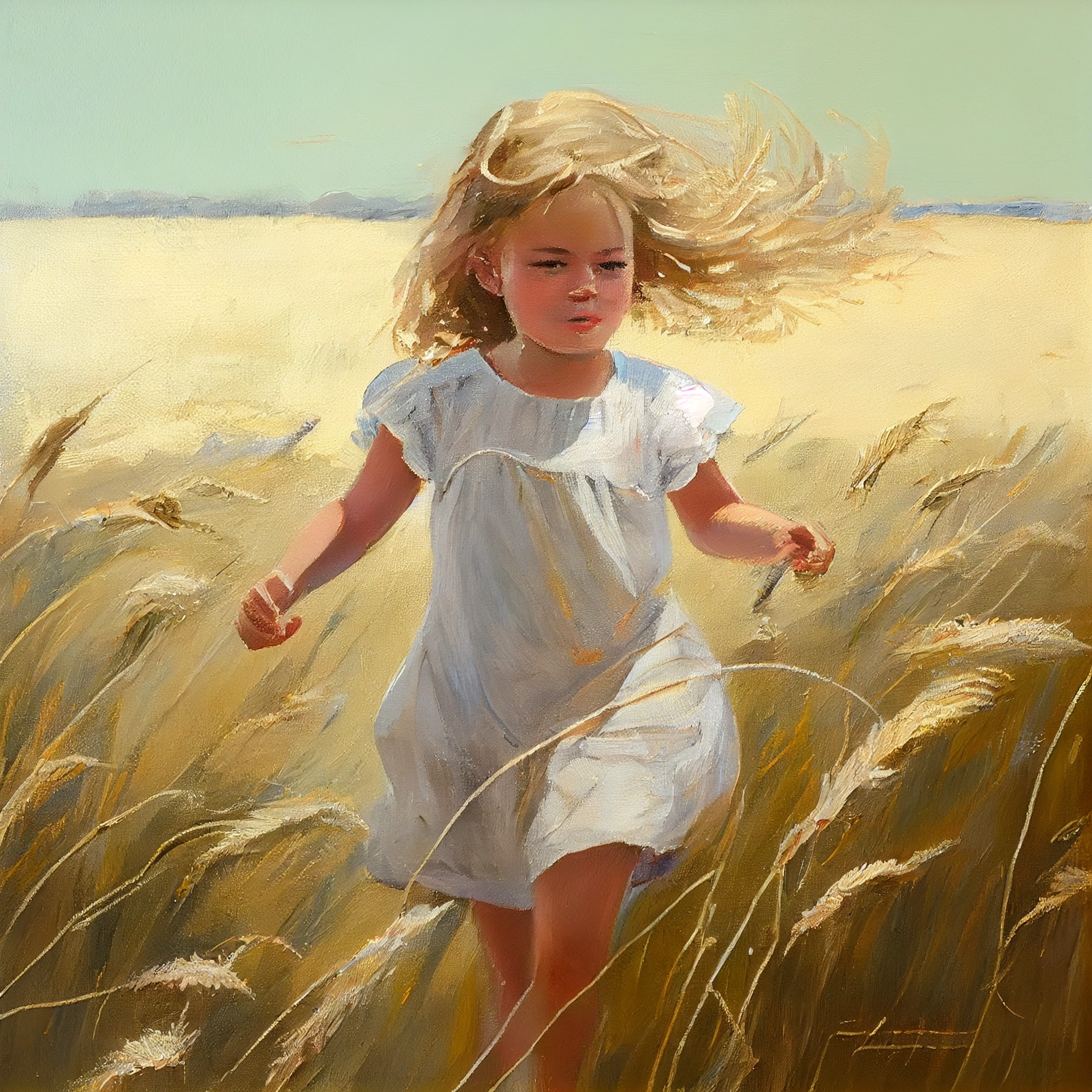 Fields of Joy: A Beautiful Oil Painting Print of a Young Girl Running through a Wheat Field, Ideal for Your Living Room or Bedroom