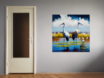 "Print of Two Cranes: Standing with White Flowers for Perfect Living Room Decor and Gift Giving"