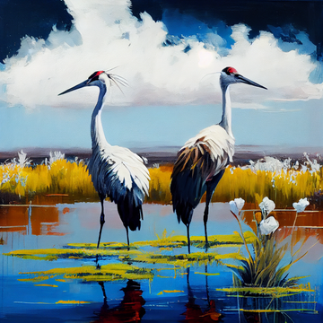"Print of Two Cranes: Standing with White Flowers for Perfect Living Room Decor and Gift Giving"