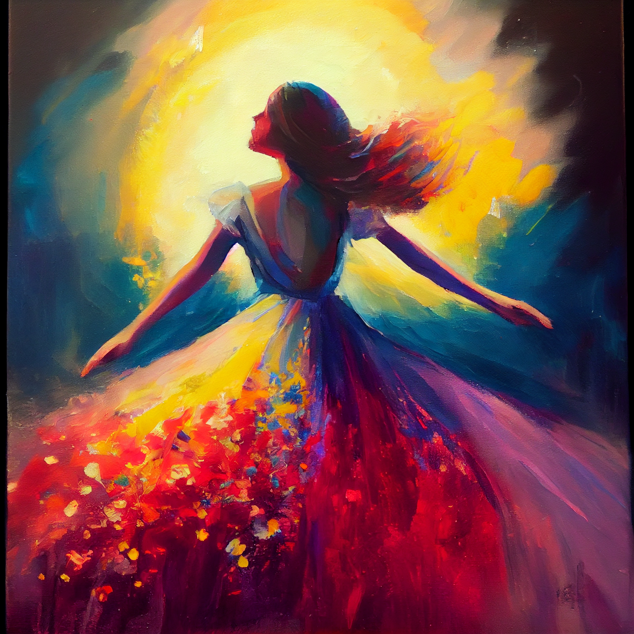 Dancing in the Sun: Oil Painting Print of Girl in Multicolored Gown