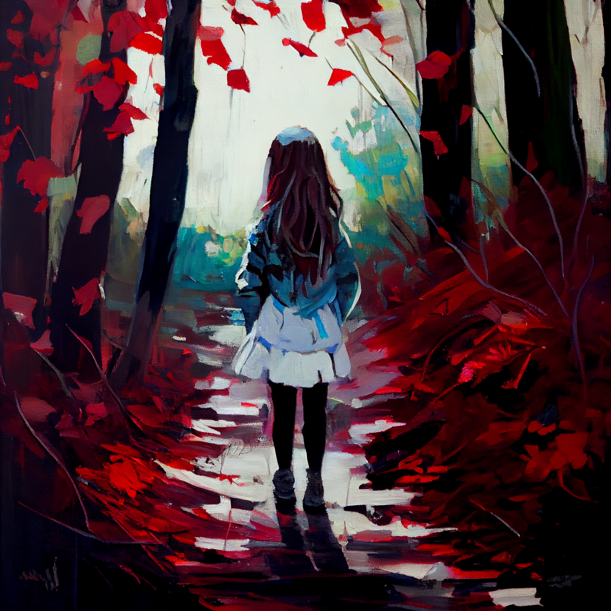 A Captivating Oil Painting Print of a Little Girl Exploring the Enchanting Woods