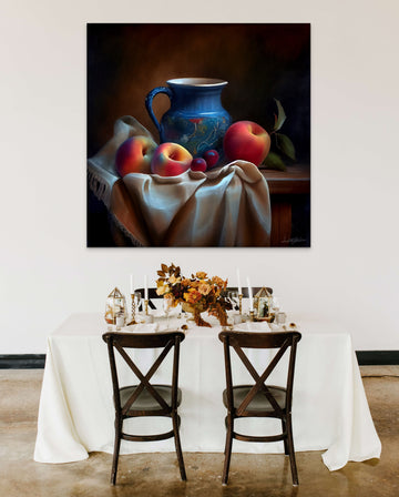 Rustic Charm: Still Life of a Mug and Apples on Cloth