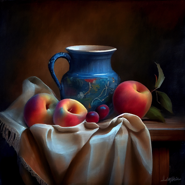 Rustic Charm: Still Life of a Mug and Apples on Cloth