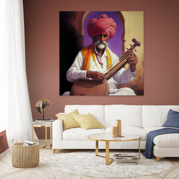 An Oil Color Portrait Print of a Rajasthani Turbaned Musician