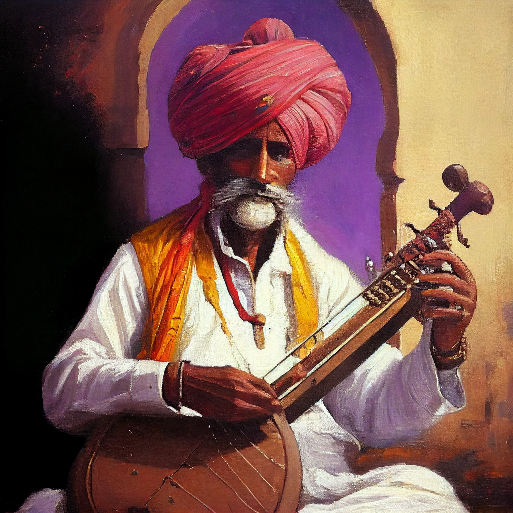 An Oil Color Portrait Print of a Rajasthani Turbaned Musician
