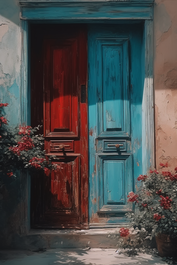 Vibrant Blooms at the Red and Blue Door: A Stunning Oil Color Painting Print