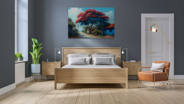 Vibrant Blooms: A Stunning Oil Painting Print of a Gulmohar Tree in an Indian Village