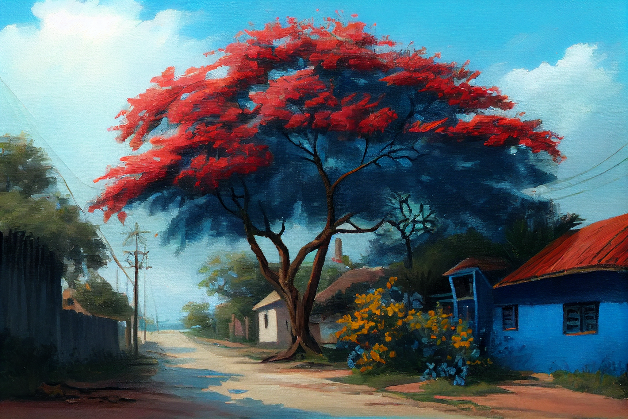 Vibrant Blooms: A Stunning Oil Painting Print of a Gulmohar Tree in an Indian Village
