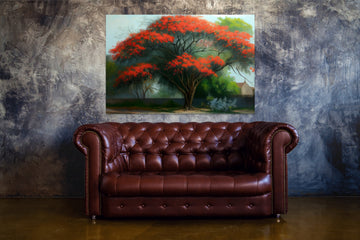 Blooming Majesty: An Oil Painting Print of a Majestic Gulmohar Tree in Full Bloom