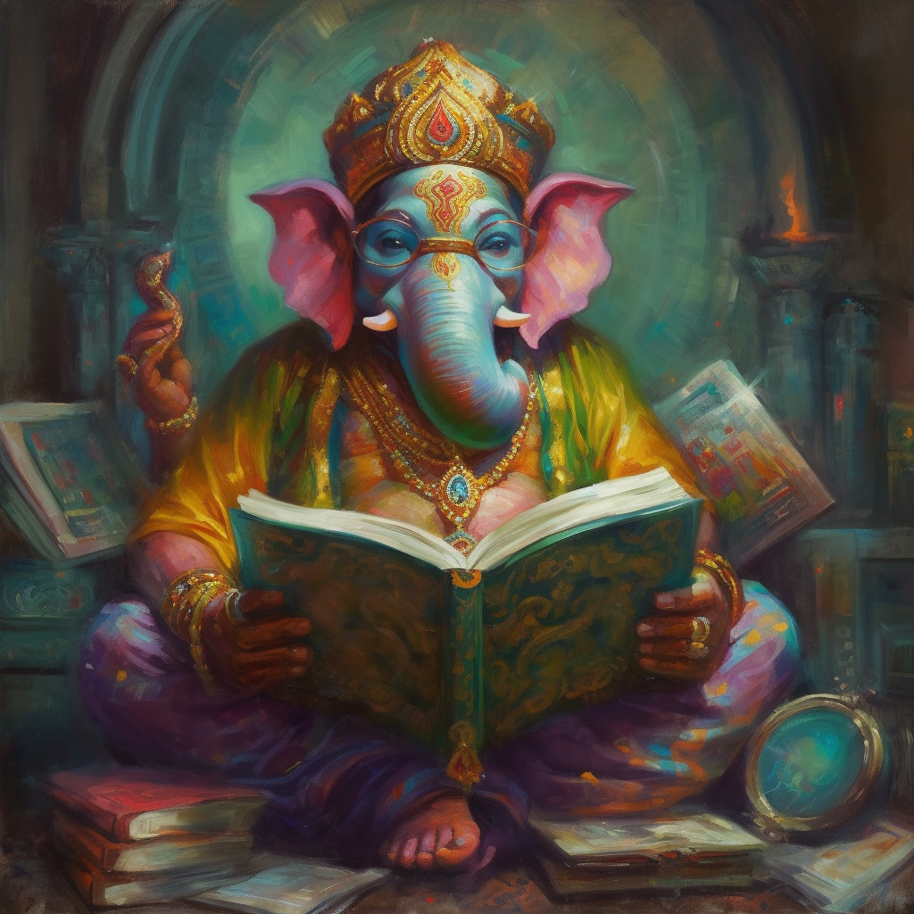 Print of Vibrant Enlightenment: Oil Painting of Lord Ganesha Reading with Spectacles in Bright Colors