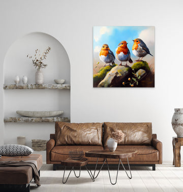 "Chirpy Trio: Oil Paint Print of Three Robins in Conversation"
