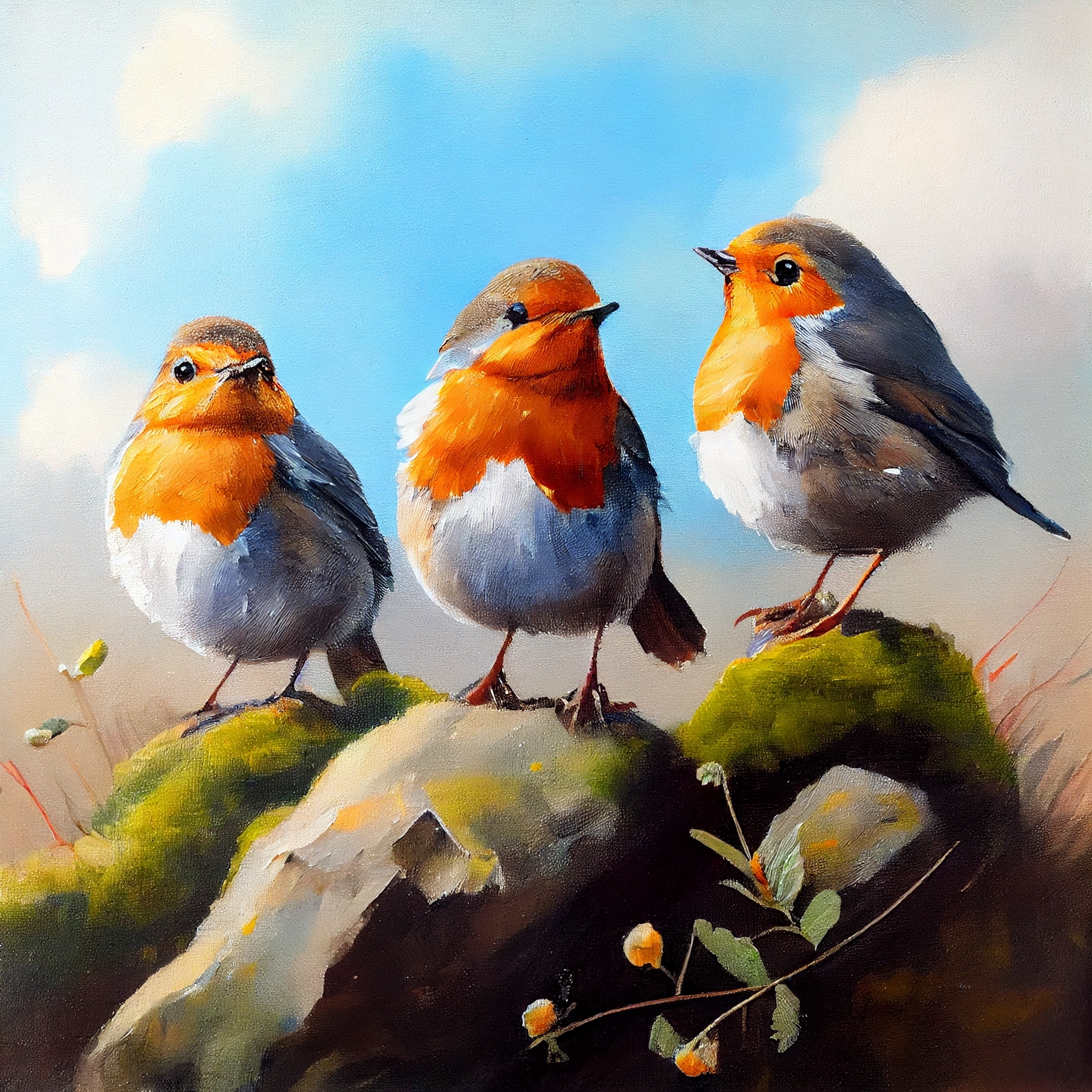 "Chirpy Trio: Oil Paint Print of Three Robins in Conversation"