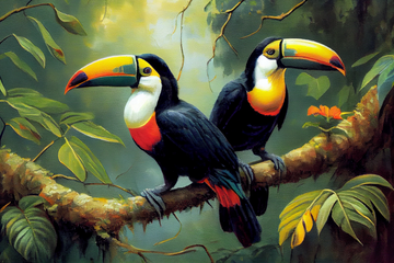Toucan Tango: A Colorful Oil Painting Print of Two Tropical Birds