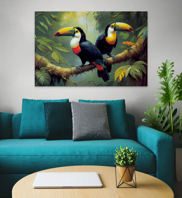 Toucan Tango: A Colorful Oil Painting Print of Two Tropical Birds
