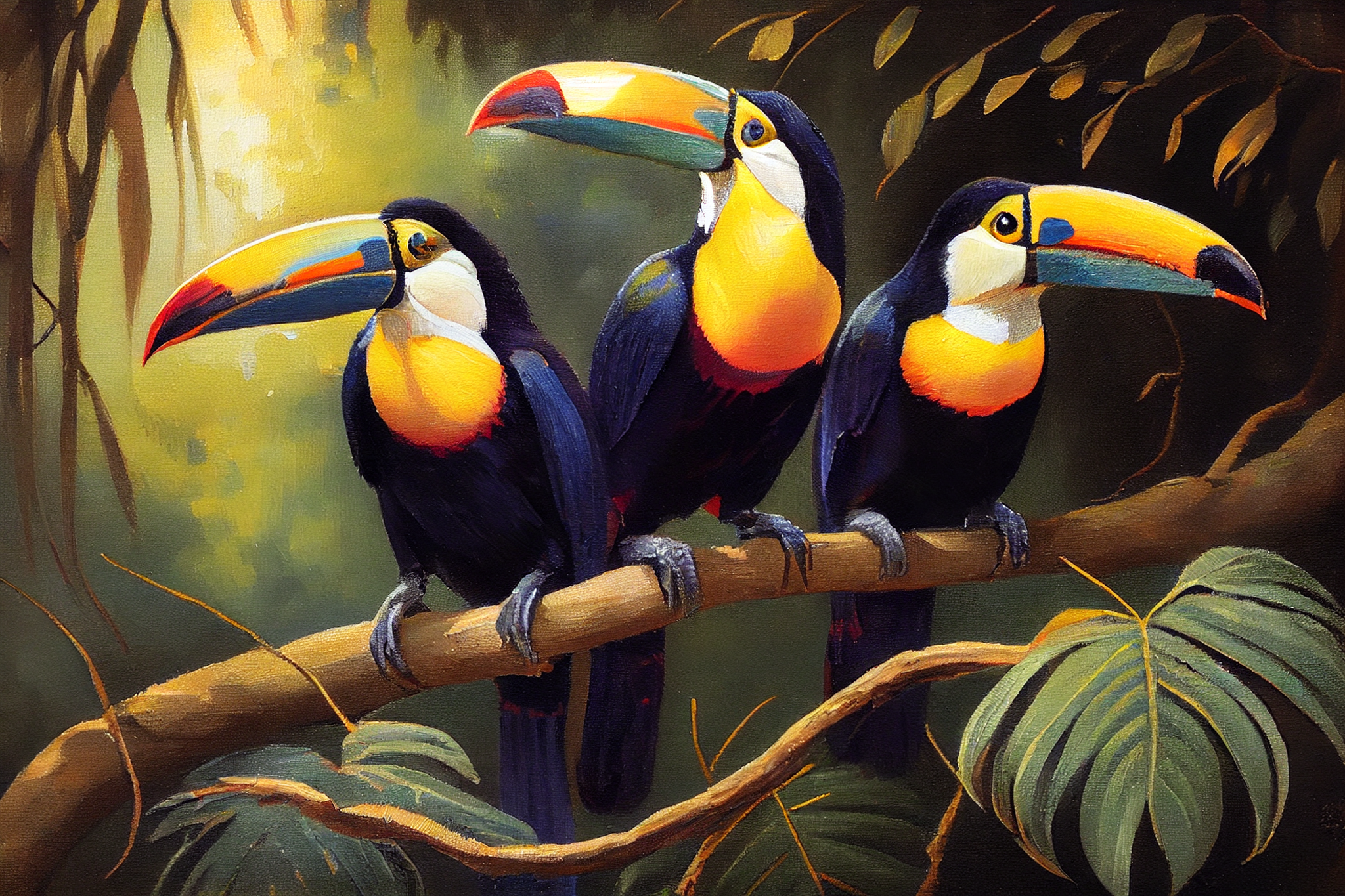 Tropical Symphony: Three Toucans Perched on a Branch