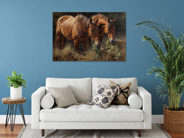 A Stunning Acrylic Color Painting Print of Two Majestic Horses Feasting on Fresh Grass
