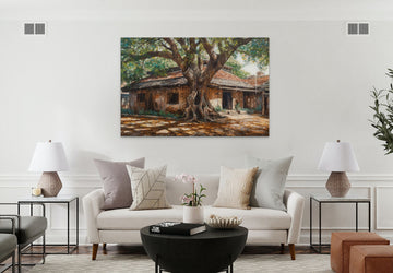 A Captivating Print of Village Life Amidst a Majestic Banyan Tree
