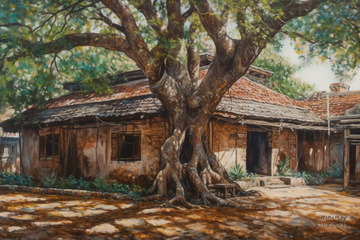 A Captivating Print of Village Life Amidst a Majestic Banyan Tree