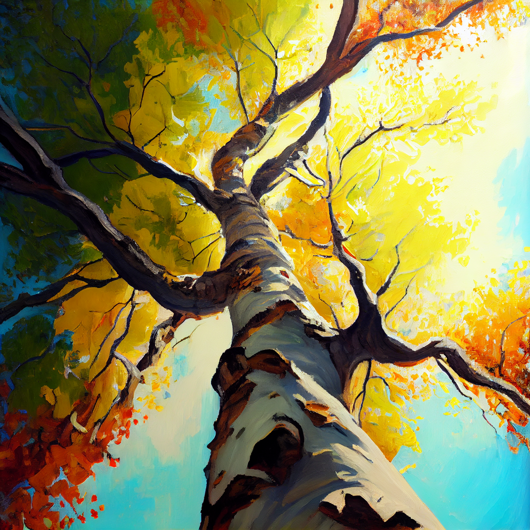 Reaching for the Sky: A Majestic Upward View of a Tree in Oil Painting Print