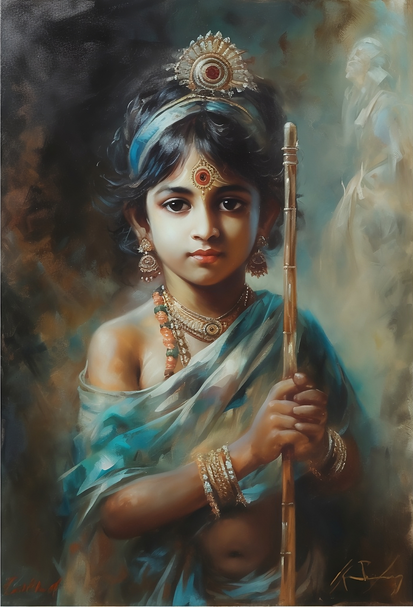 A Captivating Oil Color Portrait Print of Baal Krishna, the Cherished Deity