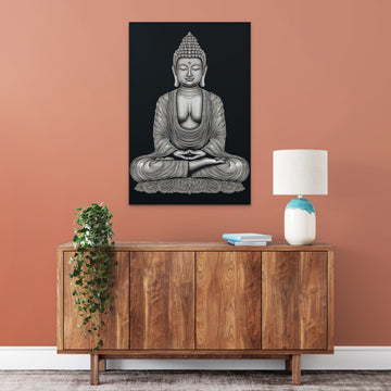 Transcendence in Monochrome: A Minimalistic White Line Art Print of Lord Buddha on a Black Grey Background