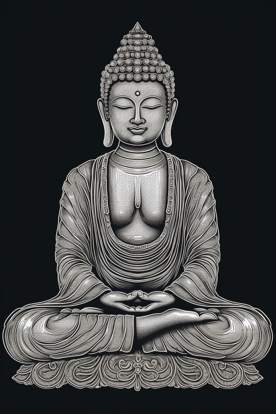 Transcendence in Monochrome: A Minimalistic White Line Art Print of Lord Buddha on a Black Grey Background