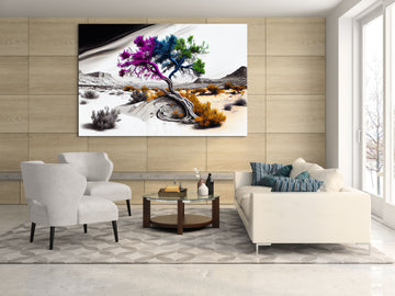 Desert Oasis: A Colorful Tree in a Black and White Landscape