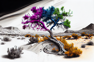 Desert Oasis: A Colorful Tree in a Black and White Landscape