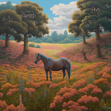 Graceful Equine in a Blooming Meadow: A Stunning Horse Painting Print