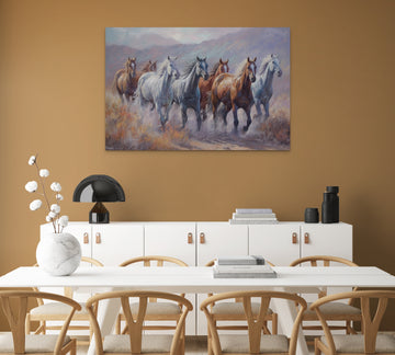 A Striking Acrylic Color Print of Seven Majestic Horses Running Free in the Valley